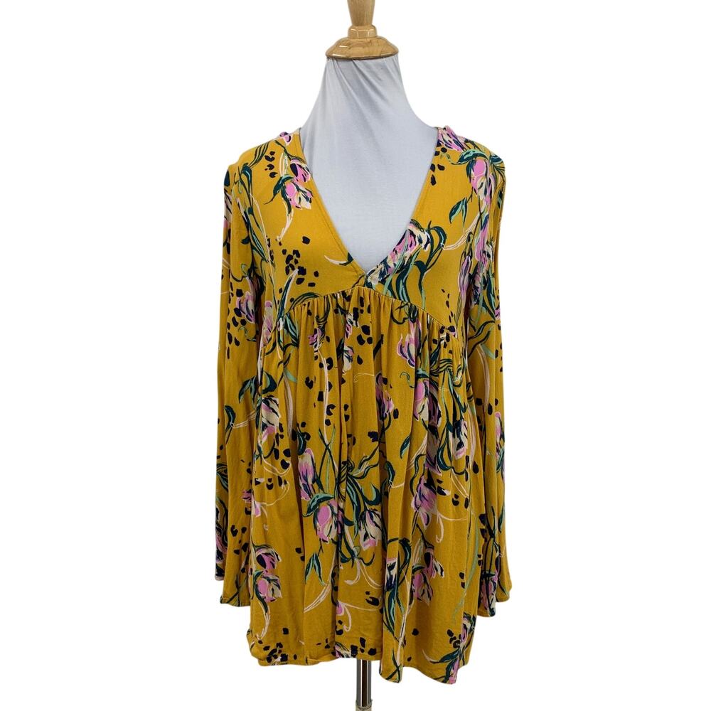 Free People Top Womens S Small Mustard Bella Printed Bohemian Babydoll Tunic